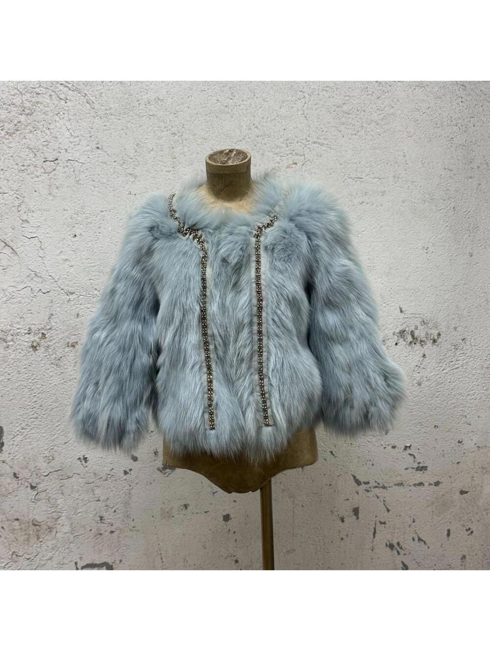 Vintage Y2K Beaded Ice-Blue Fox Fur Cropped Jacket